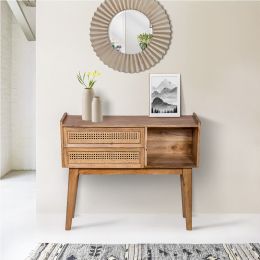 Ryan 35 Inch Cottage Style; 2 Drawer Mango Wood Rectangular Console Table; Cane Rattan Panels; Natural Brown; DunaWest