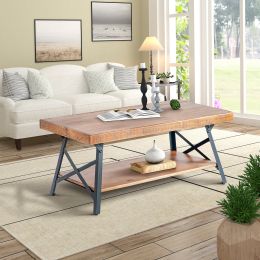 Wood Coffee Table, Rustic Industrial Solid Wood Coffee Table with Metal Legs and Storage Shelve, 43 Inches RT
