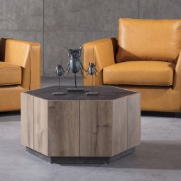 Hexagonal Rural Style Garden Retro Living Room Coffee Table with 2 drawers;  Grey Cement + Mahogany